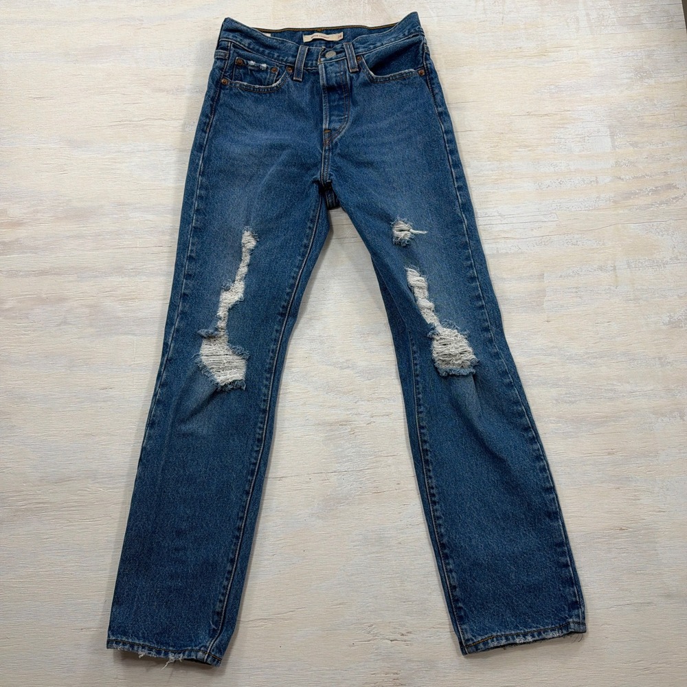 Levi's Jeans Wedgie Straight 24 Distressed High Rise Blue Denim Womens